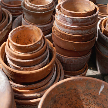 Used terracotta pots in a greenhouse