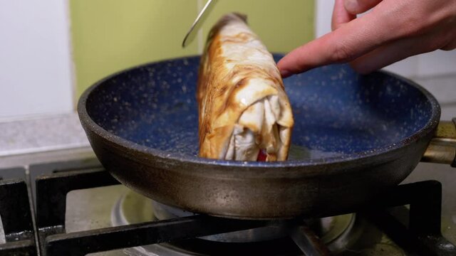 Cooking Meat Shawarma in a Hot Pan Until Crisp. Fry Pita Bread in Kitchen.