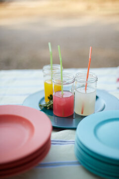 Colorful beverages on a children's party table