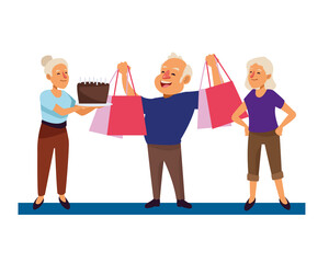 Fototapeta premium old people with shopping bags and sweet cake characters