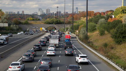 High angle view of the colorful Don Valley Parkway traffic in autumn