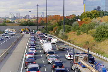 High angle view of the colorful Don Valley Parkway traffic in autumn