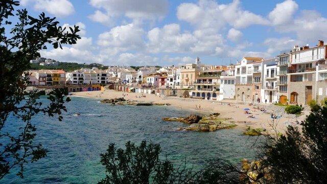 Panoramic view of coast of Llafranc Palafrugell, Spain, 4k