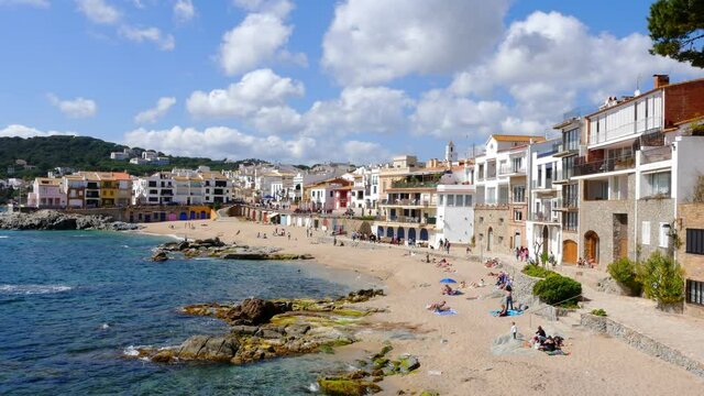 Panoramic view of coast of Llafranc Palafrugell, Spain, 4k