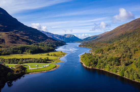 aerial view of loch linnhe in summer near duror and ballachulish and glencoe in the argyll region of the highlands of scotland showing blue water and green fertile coast line