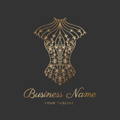 Logo for a lingerie boutique, wedding Studio, or fashion designer's salon. Vintage lace corset with gold line hearts