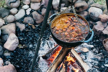 Hungarian Gulyas in a Dutch Oven over a fire