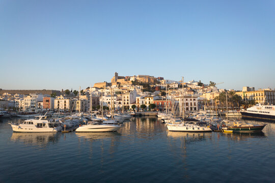 View of a beautiful sunrise in the harbor of Ibiza