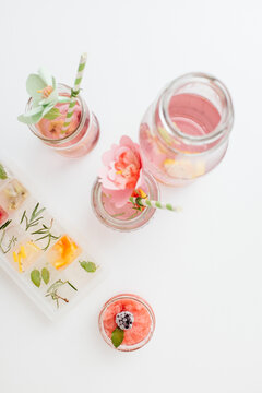 Pastel Arrangement of Rose Tea and Fruity Ice Cubes