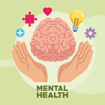 Mental Health Day With Hands Protecting Human Brain And Set Items