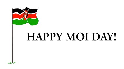 Kenya flag and happy Moi day words. Text on white. Pole with flag. Holiday on October ,10. Colors.