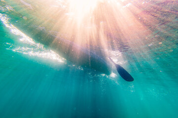 Underwater Photo of Kayaker Paddling Overhead With Sunshine in Freshwater Lake at Family Cottage