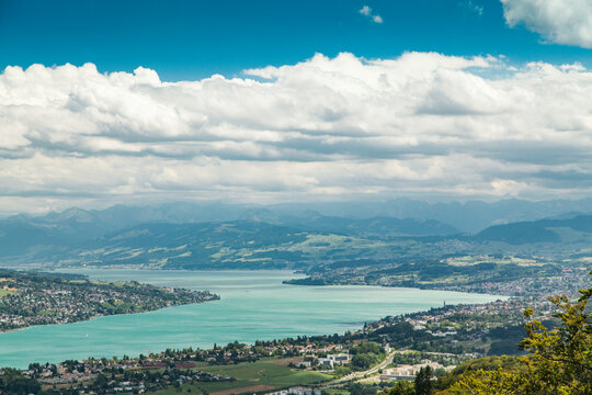 Scenic View From Uetliberg with lake Zurich and mountains