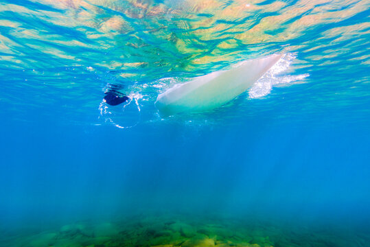 Underwater Photo of Kayak and Paddle in Cold Clear Blue Pristine Freshwater Lake at Family Cottage