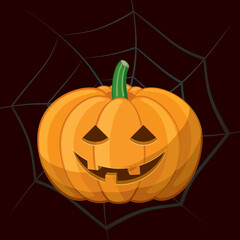 Halloween Comic Smiling Pumpkin Template Autumn Holidays Creative Concept - Orange on Spider Web Background - Flat Graphic Design