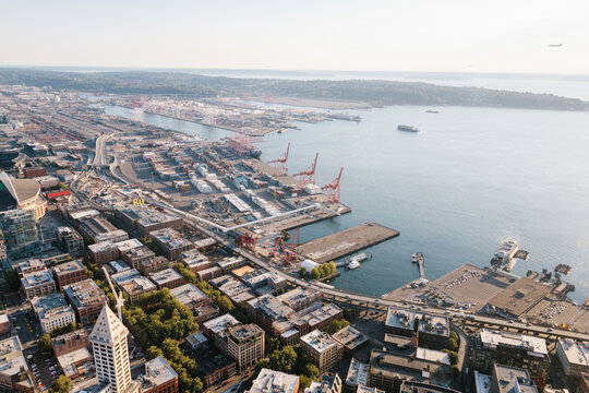 Aerial view of downtown Seattle and Port of Seattle