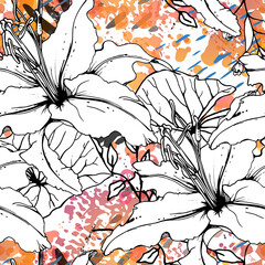 Fototapeta premium Floral Black White Pattern. Modern Watercolor