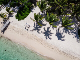 Aerial drone view of wedding bamboo gazebo, decorated with tropical flowers and coloured fabrics on the paradise beach with palm trees, white sand and blue water of Caribbean Sea, Dominican Republic 
