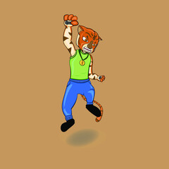 tiger sport mascot with gold medal and jump gesture good for banner use indoor and outdoor also digital banner