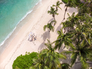 Aerial drone view of wedding bamboo gazebo, decorated with tropical flowers and coloured fabrics on the paradise beach with palm trees, white sand and blue water of Caribbean Sea, Dominican Republic 