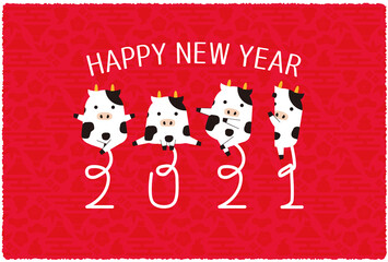 2021年賀状　丑4ポーズ　背景赤横　HAPPY NEW YEAR