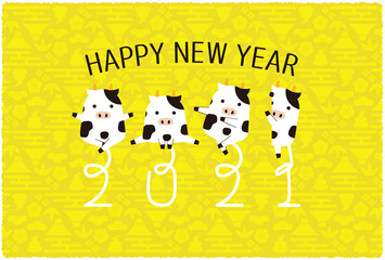 2021年賀状　丑4ポーズ　背景黄横　HAPPY NEW YEAR