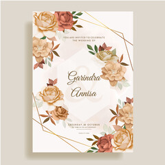   Wedding invitation card template set with beautiful autumn  floral leaves Premium Vector