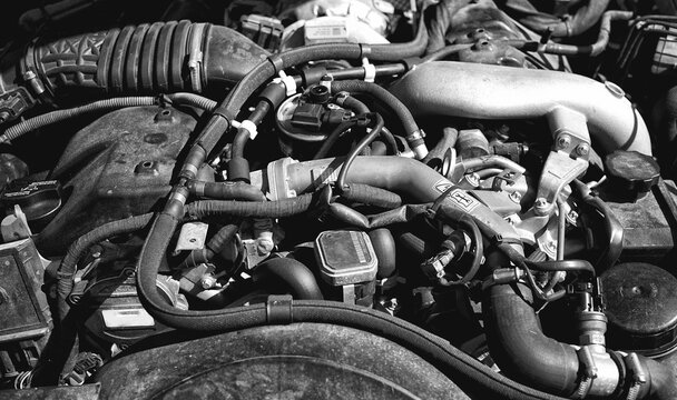 Powerful car engine in black and white