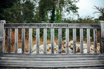 Bench in a park that has the words Hope is Forever written on it