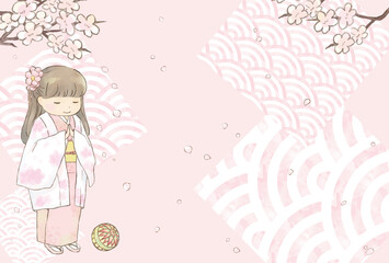 和装の女の子と手毬の年賀状(横向き)
