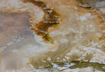 Natural Painting. Dynamic hot spring in Yellowstone. Streams on a colorful surface. Abstract background. Smooth Flow