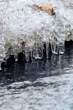 ice melting into a stream signifying the end of winter