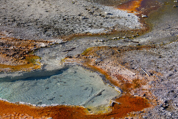 Light blue hot spring water. Color contrast abstract background. Sandy yellowish brown. Rainbow like