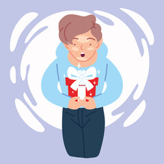 brown hair boy cartoon opening gift vector design