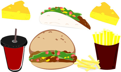 Fast food, burger, french fries, cheese vector illustration. American street food