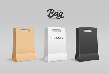 Paper bags with perforated handle collections, template mock up design, on gray background, Eps 10 vector illustration