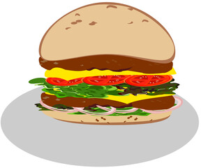 Burgers meat eggs onions tomatoes cheese american food illustration vector.