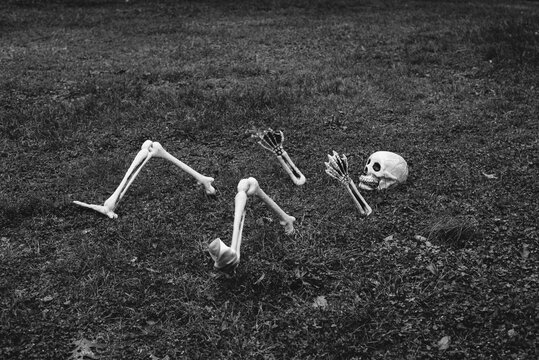 A halloween decoration shows off a skeleton rising (or sinking) from the ground