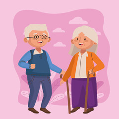 old couple walking with canes active seniors characters scene