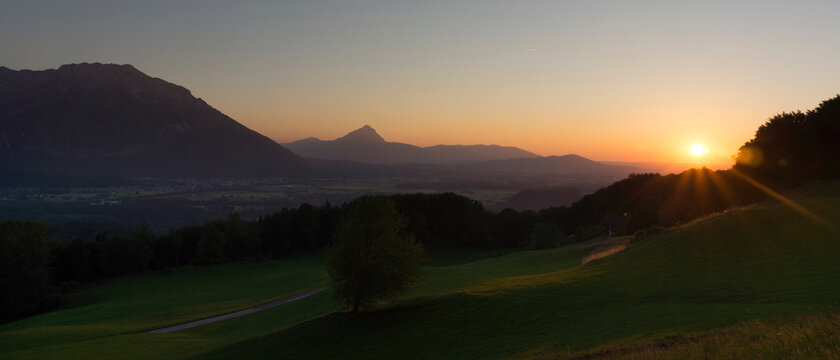 A panorama of green nature landscape near Salzburg at dusk, austria in summer - Powered by Adobe