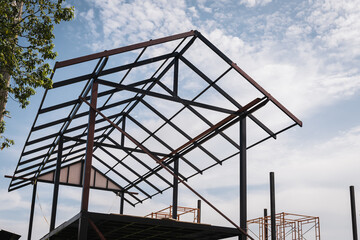 Roof construction with scaffold, renovation, construction property or home concepts.
