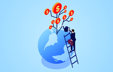 Businessman planting money on the earth, business concept illustration