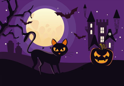 halloween dark haunted castle with cat and bats flying scene