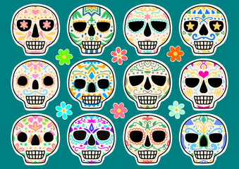 メキシコ　死者の日　 白フチ　アイコン　セット　Day of the Dead 　vector sugar skulls icon