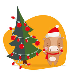 Cute little ox. Chinese new year 2021. Ox with new year tree
