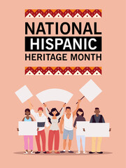 national hispanic heritage month with latin men and women with banners vector design