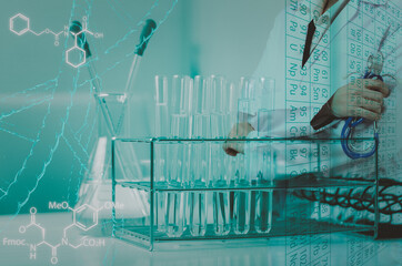 Double exposure of test tube science and doctor,Laboratory glassware containing chemical liquid,