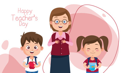 teacher woman with little students and lettering