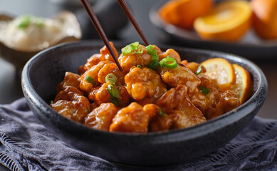 eating bowl of chinese orange chicken with chopsticks