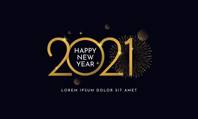 Happy new year 2021 typography text celebration social media poster vector design. Professional elegant golden customized number with fireworks explosion on dark sky background.